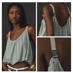 NWT By Anthropologie Tank Wms Sz L Sheer Ribbed Buckle Bubble Moss Green Cropped